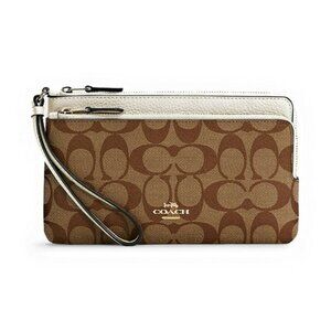 Coach Women's Double Zip Wallet in Signature Canvas Khaki / Chalk